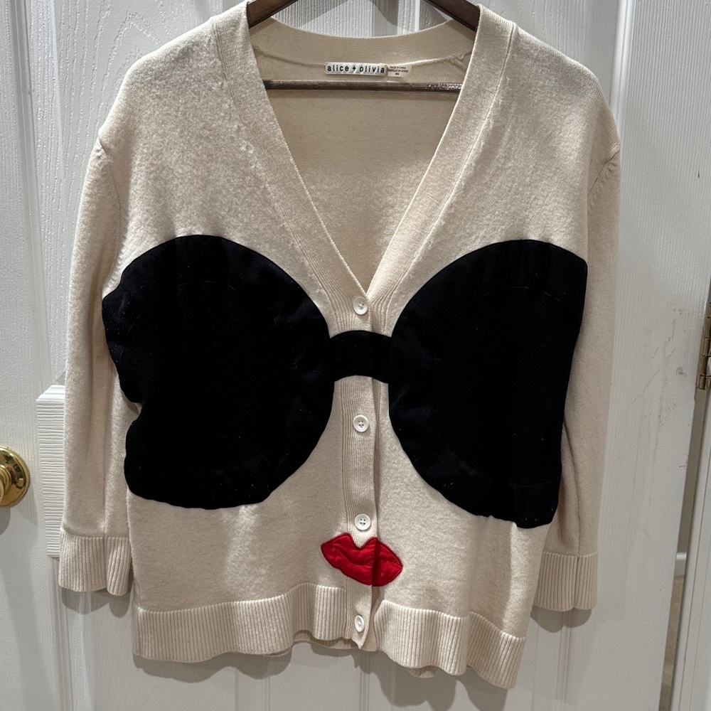 Alice + Olivia Cream Cardigan with Black and Red Accents